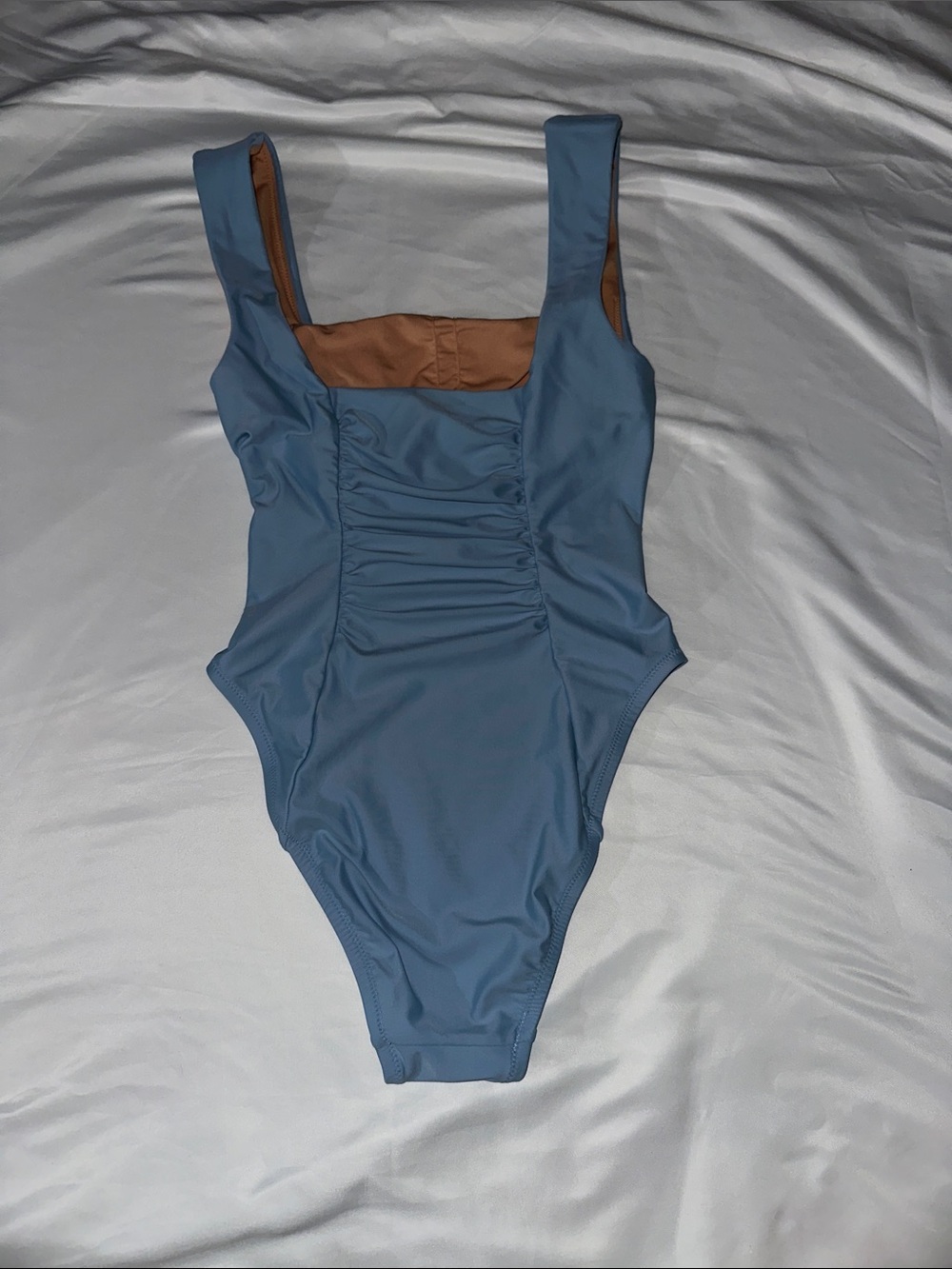 J. Crew Light Blue Square Neck Ruched One-Piece Swimsuit - Picture 3 of 3